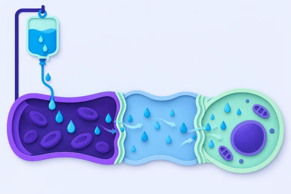 Illustration of fluid moving between a blood vessel, surrounding tissue, and a cell.