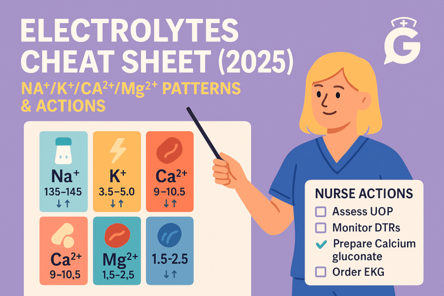 Electrolytes Cheat Sheet (2025): Na⁺/K⁺/Ca²⁺/Mg²⁺ Patterns, Nurse Actions, and NGN Practice