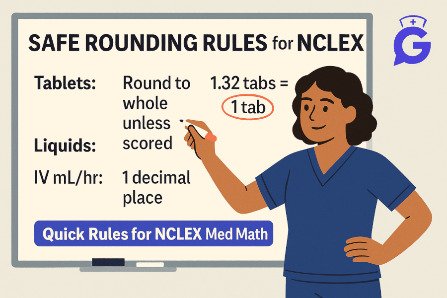 Safe Rounding Rules for NCLEX (2025): Tablets, Liquids, IV mL/hr & gtt/min, and Syringe Pumps