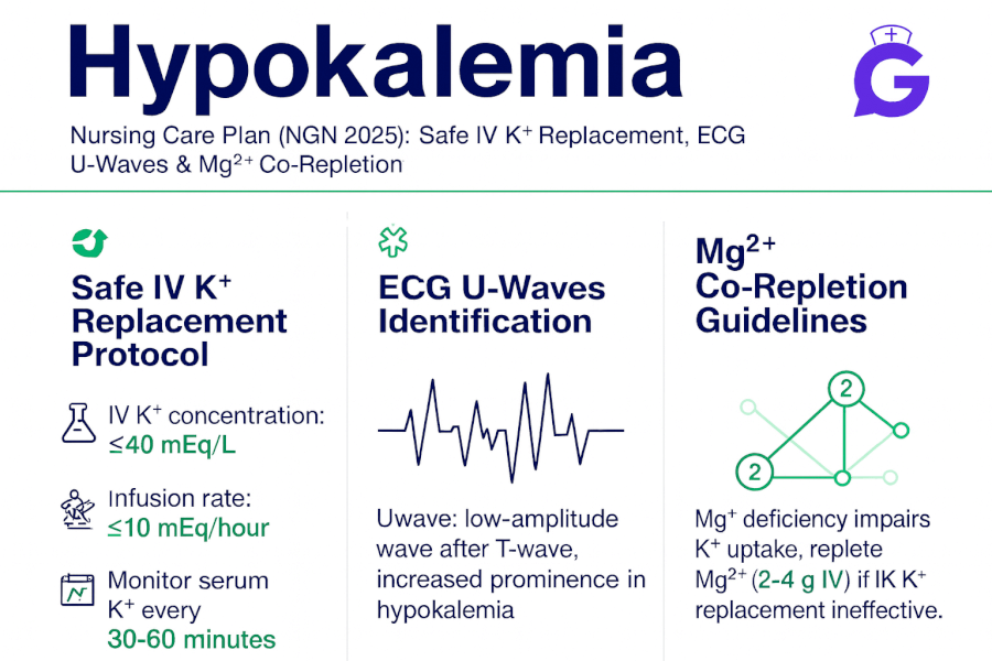 Hypokalemia Nursing Care Plan (NGN 2025): Safe IV K⁺ Replacement, ECG U-Waves & Mg²⁺ Co-Repletion